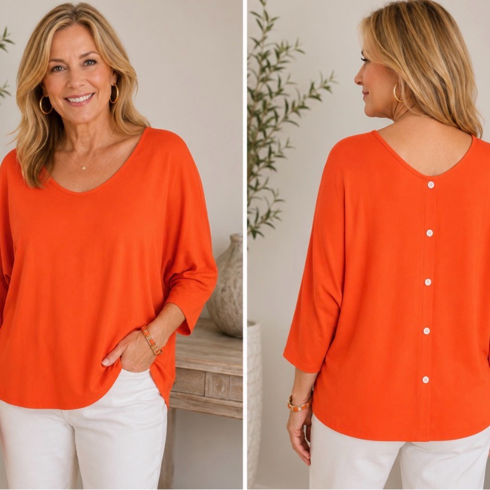 Women's Orange Scoop Neck Long Sleeve Top